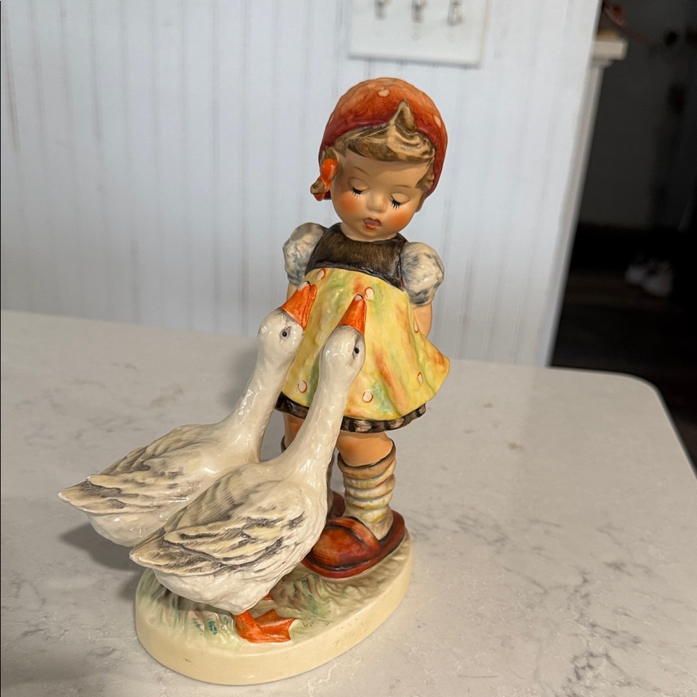 Goebel Girl with Geese Sculpture - Red and Yellow